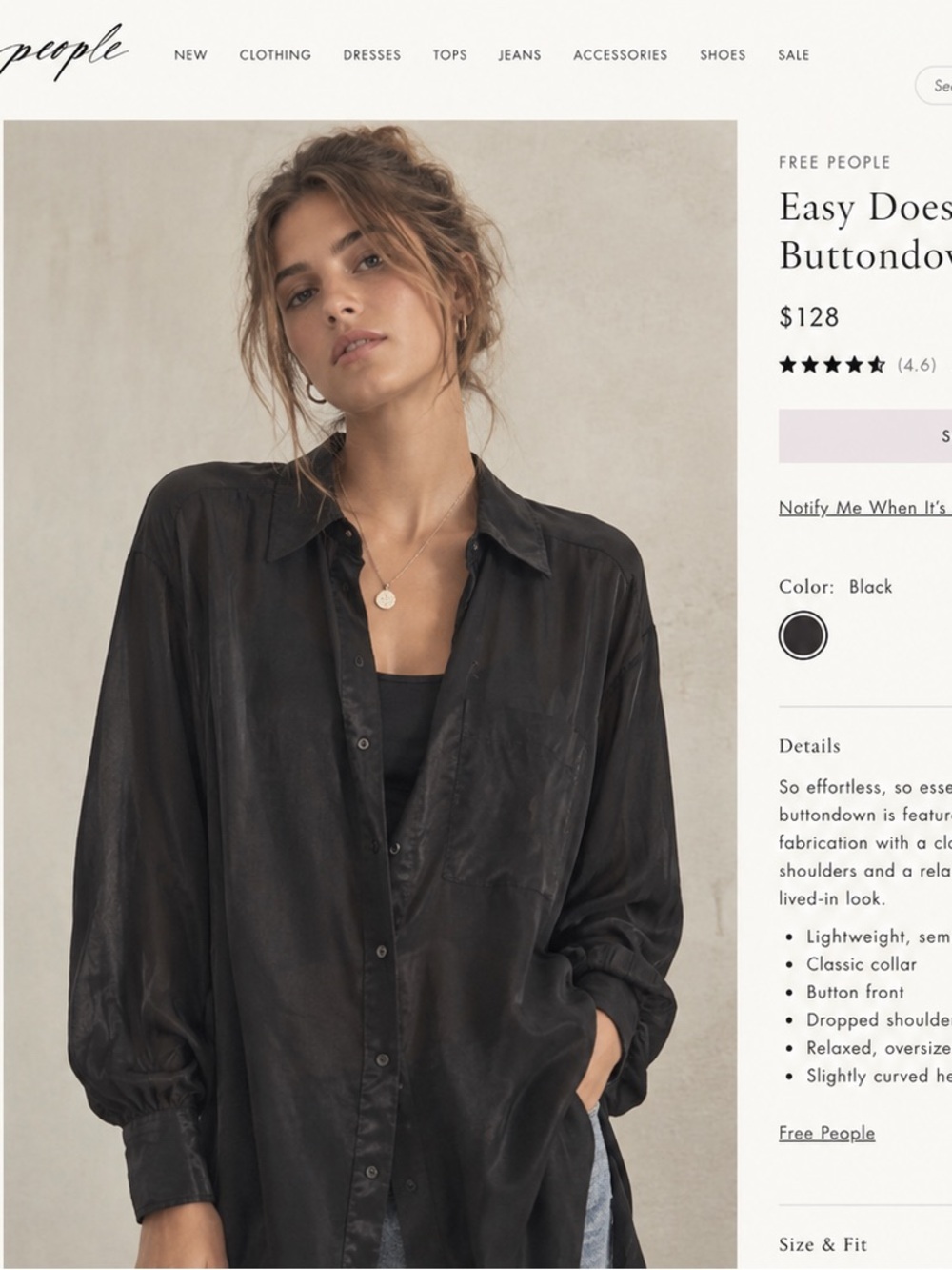 Free People Black Oversized Semi-Sheer Button Down Shirt
